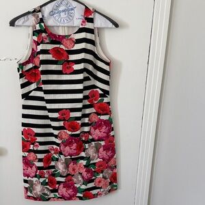 Eliza J Black and White Striped Dress with Red Floral Design